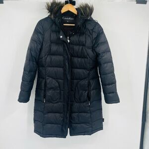 Calvin Klein Quilt Longline Parka Jacket Faux Fur Hood Black Womens Size Medium